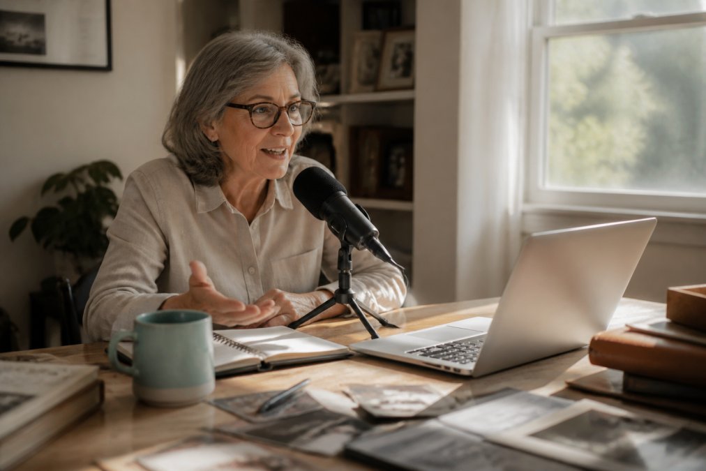 Older adult seated at a desk with a laptop and notebook, speaking into a microphone with a warm, focused expression, sunlight streaming through a window