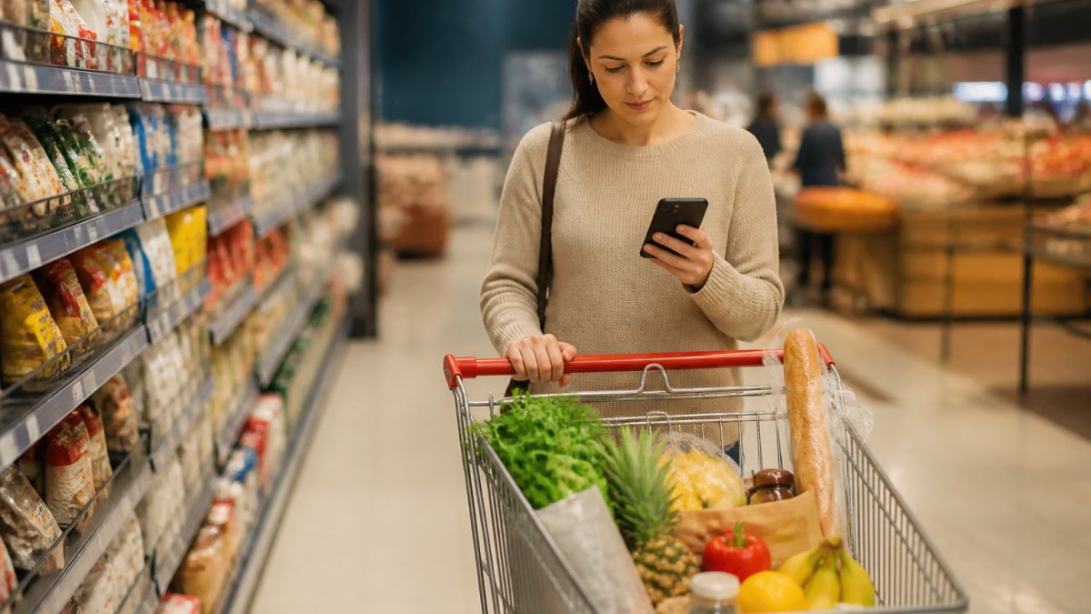 Busy parent using smartphone to check grocery list while shopping in supermarket with full cart and colorful shelves of products in background