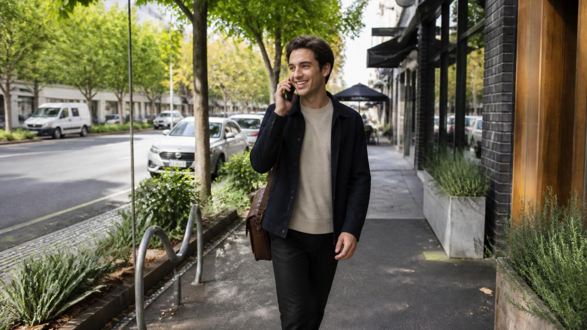 A young professional walking through a vibrant inner-city street with cafes and tree-lined pavements in Melbourne.