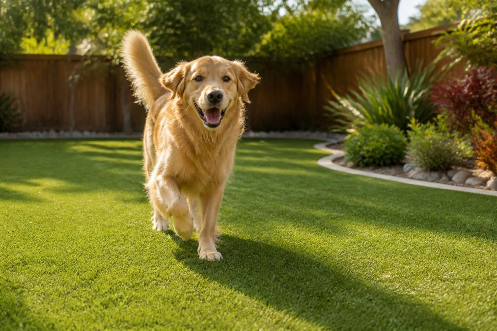 Golden retriever running and playing on lush green artificial grass in a sunny backyard with natural lighting
