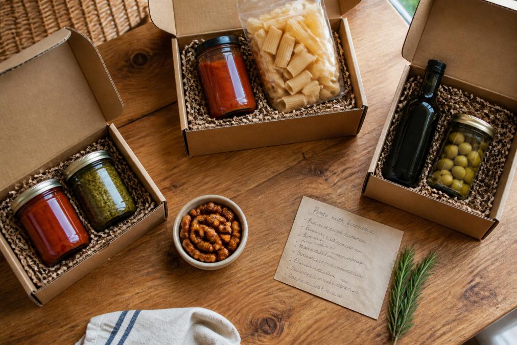 Overhead flat lay of several open artisan food boxes on a wooden kitchen table, showing small-batch jars of sauce, bronze-cut pasta, olive oil bottles, and honey-roasted nuts, with a handwritten recipe card beside them, lit by soft window light