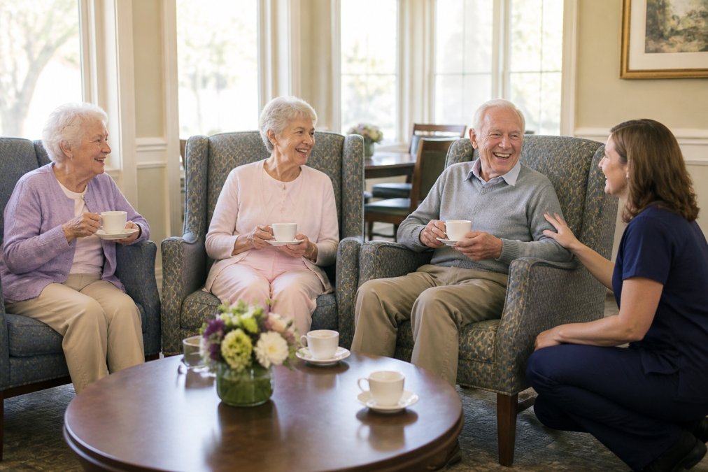 A sunlit common area at a senior living community where four older adults sit in upholstered armchairs laughing over coffee, a staff member kneeling beside one resident and smiling, warm afternoon light through tall windows