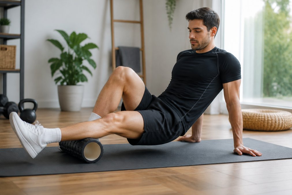 Athlete in athletic wear performing foam rolling on leg muscles while seated on yoga mat in bright home gym, demonstrating proper form and positioning