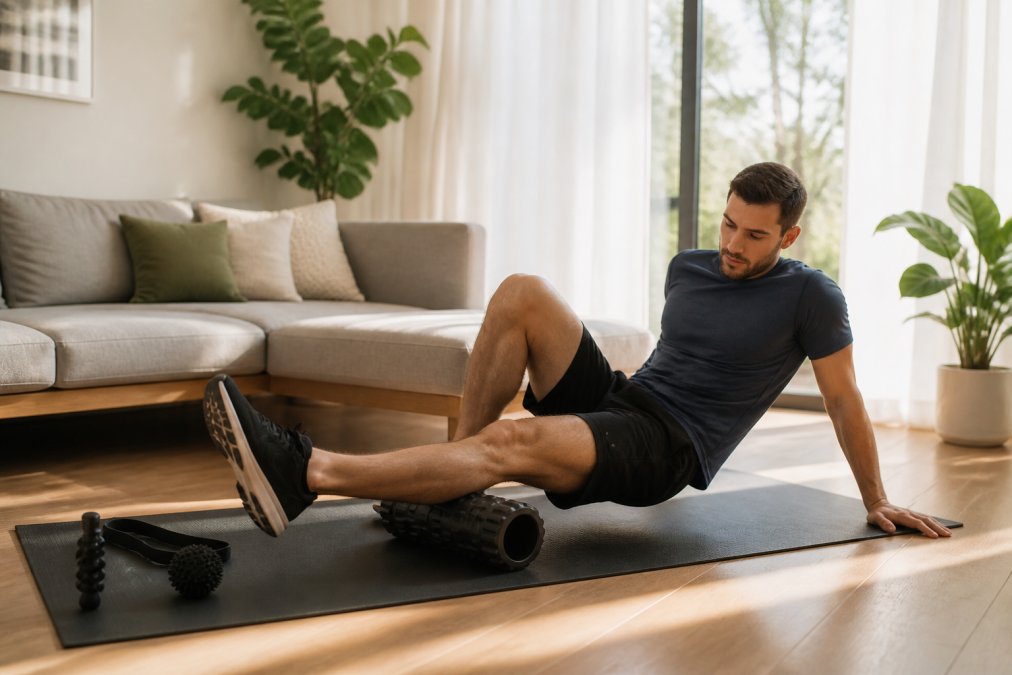 Athlete in athletic wear performing complete recovery routine at home combining foam rolling, stretching, and self-massage techniques on yoga mat in bright living room with natural light