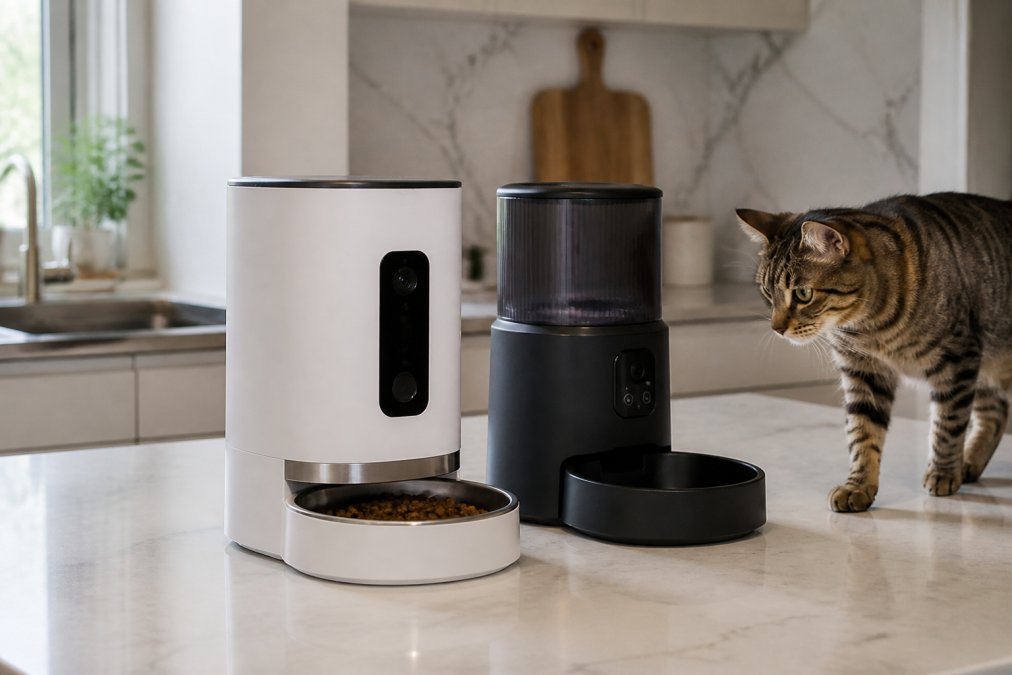 A sleek smart pet feeder with a visible camera module sits on a modern kitchen counter, with a curious tabby cat approaching it in soft natural light