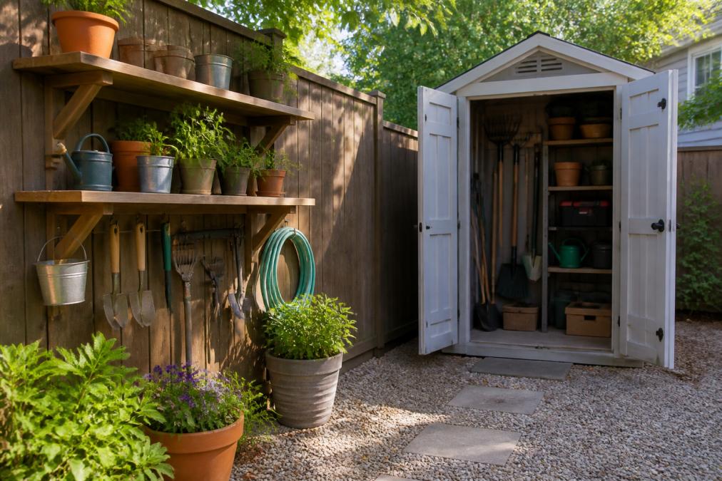 Small residential backyard with wall-mounted wooden shelving units displaying potted plants and garden tools against a privacy fence, vertical storage shed in corner with open doors revealing organized interior with shelves, natural afternoon sunlight illuminating the scene