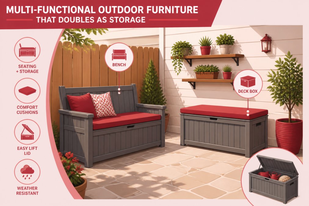Compact patio arrangement in small backyard showing gray storage bench with cushion serving as seating, matching deck box with cushion nearby, small potted plants on wall shelving, natural stone patio flooring, afternoon sunlight creating warm shadows