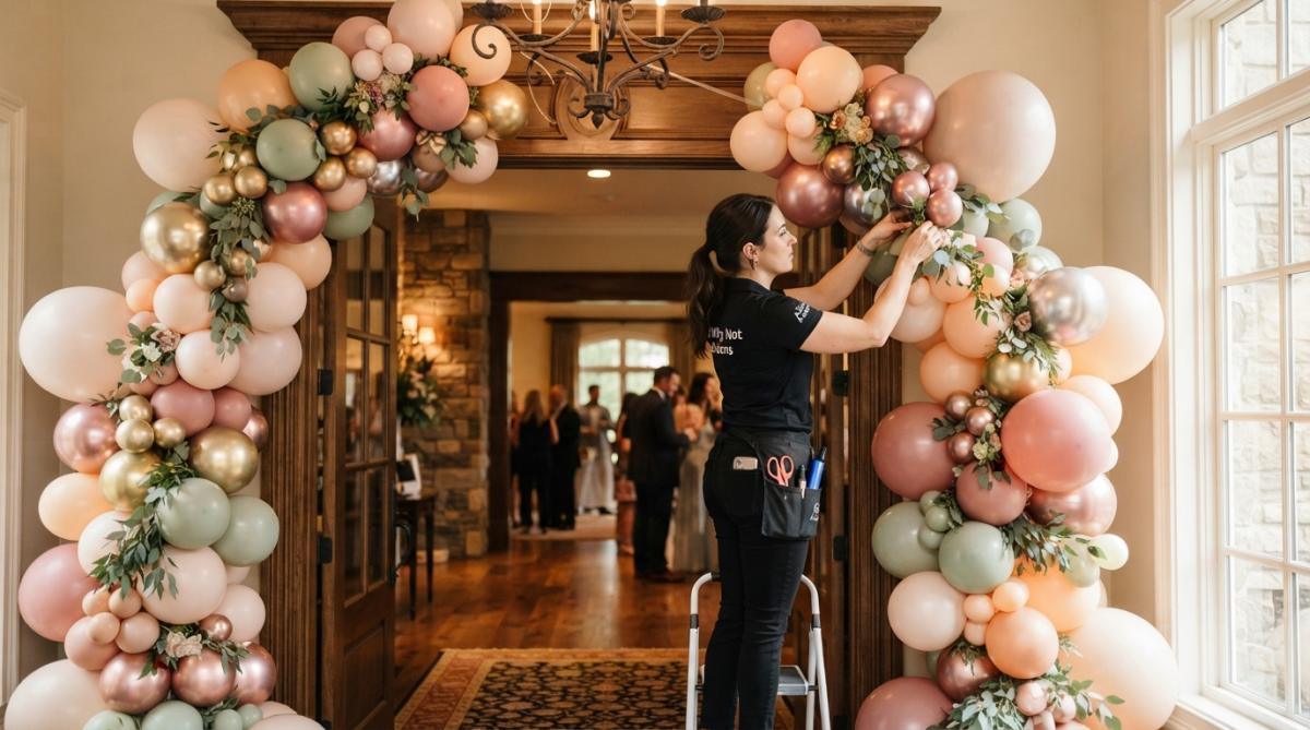 Professional balloon artist installing organic garland-style arch with mixed metallic and pastel latex balloons framing elegant entryway, with natural warm lighting highlighting texture and color depth