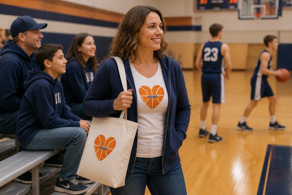 Mom wearing layered basketball apparel with a lightweight hoodie over a fitted team-colored t-shirt, standing courtside with coordinating family members in the background, showing comfortable stance and team color coordination