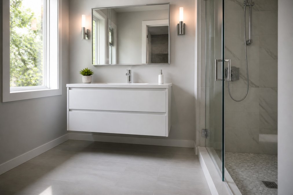 Sleek white wall-mounted floating vanity in a minimalist bathroom with open floor space, one of the 7 best bathroom