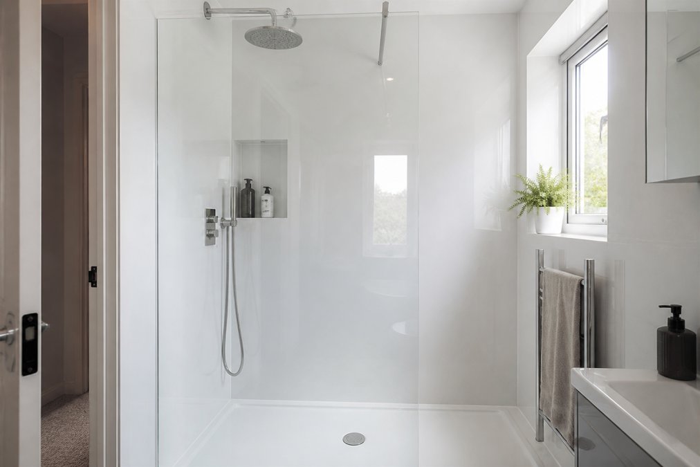 A bright, compact ensuite shower with large-format gloss white wall panels, seamless grout-free surface, rainfall shower head, natural daylight from a small window
