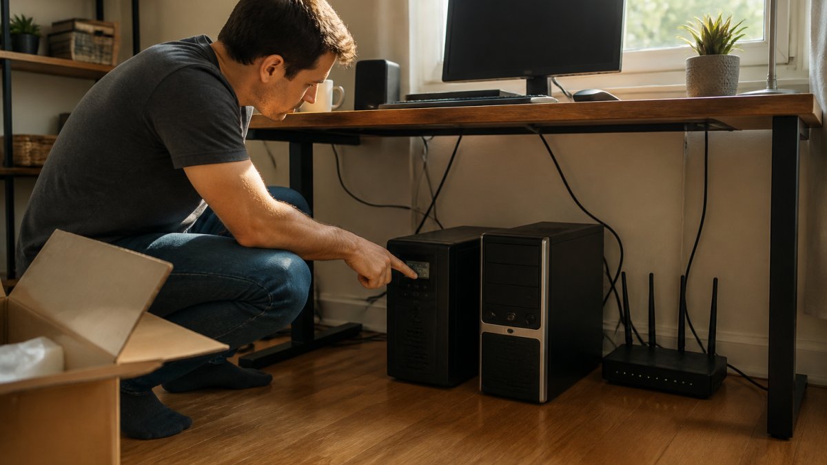 Person checking the LCD display on a battery backup for home office setup under a desk
