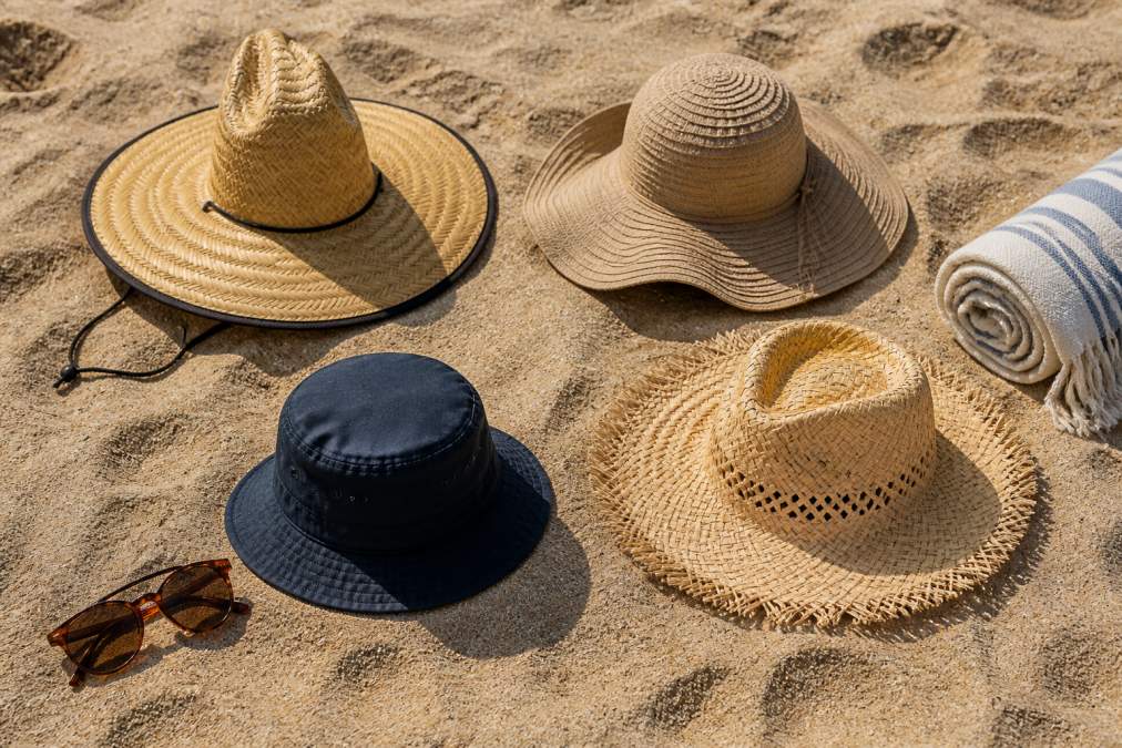 A flat lay of four distinct beach hats arranged on warm sand: a wide-brim lifeguard hat, a packable floppy hat, a navy bucket hat, and a natural straw hat, with sunglasses and a rolled towel nearby under bright midday sun