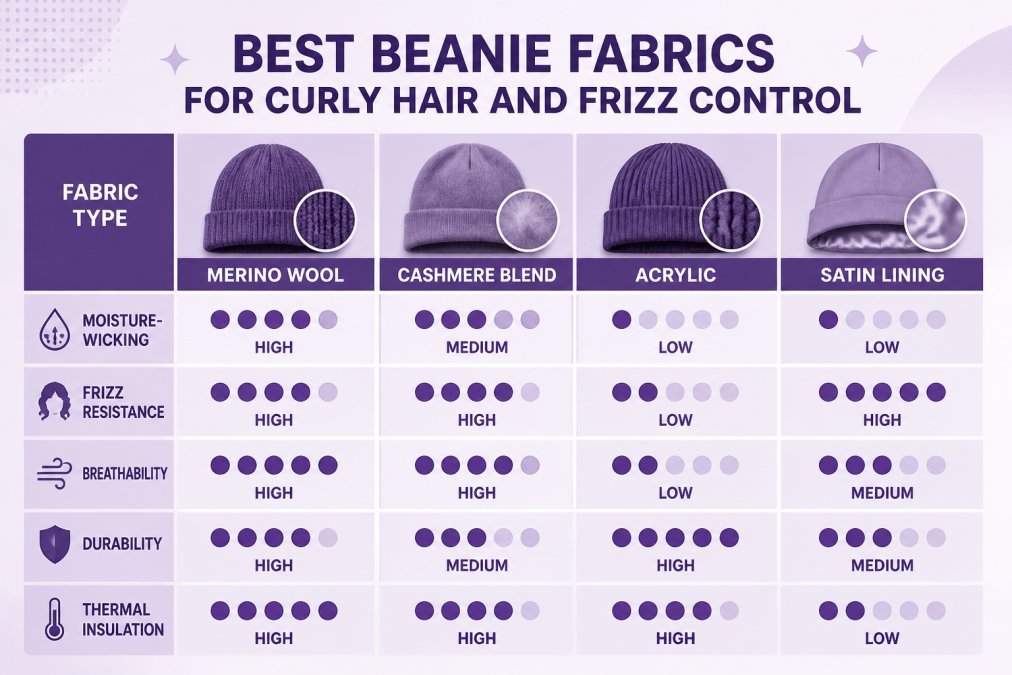 Comparison matrix showing fabric types (merino wool, cashmere blend, acrylic, satin lining) against properties: moisture-wicking (high/medium/low), frizz resistance (high/medium/low), breathability (high/medium/low), durability (high/medium/low), thermal insulation (high/medium/low)