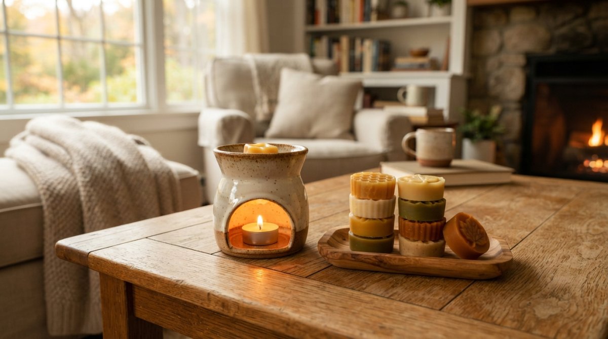 A warm, cozy living room scene with a ceramic wax warmer glowing on a wooden table, with a stack of beeswax tarts in various natural colors beside it