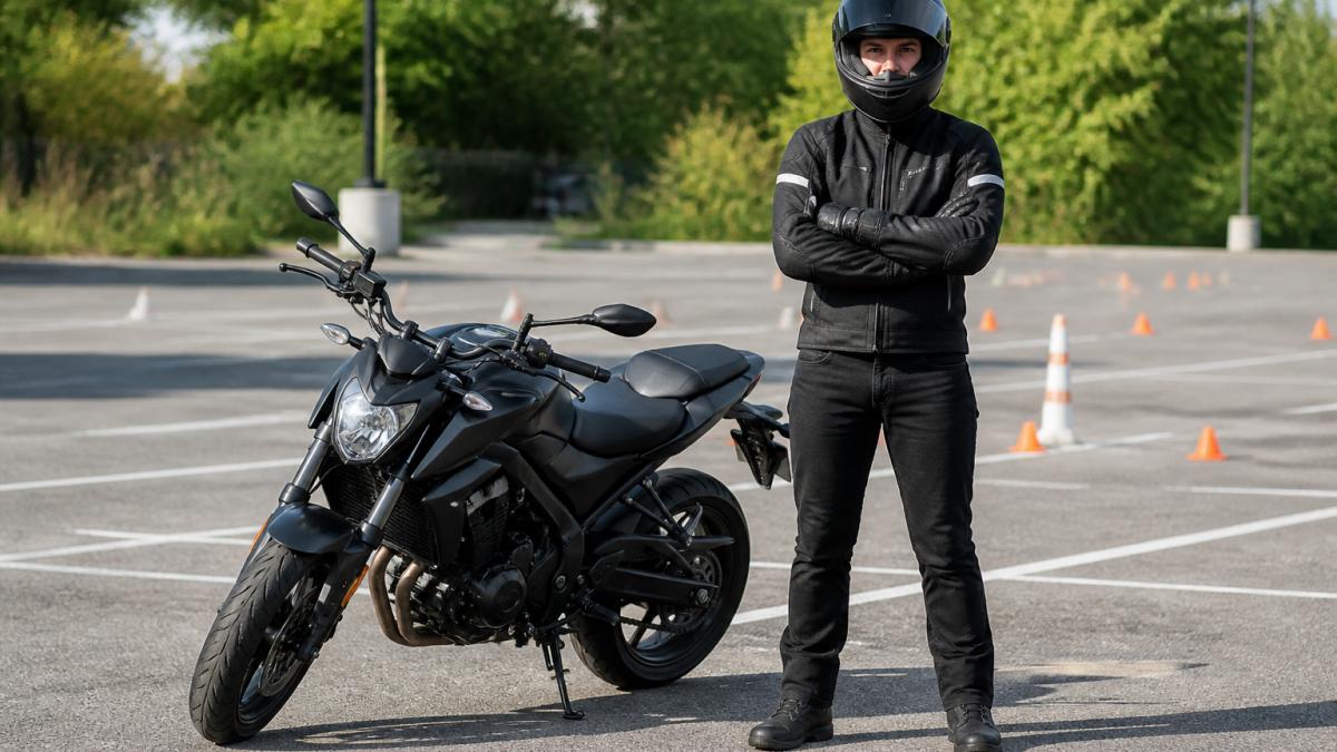 New rider wearing full protective gear standing next to one of the best beginner motorcycles in daylight