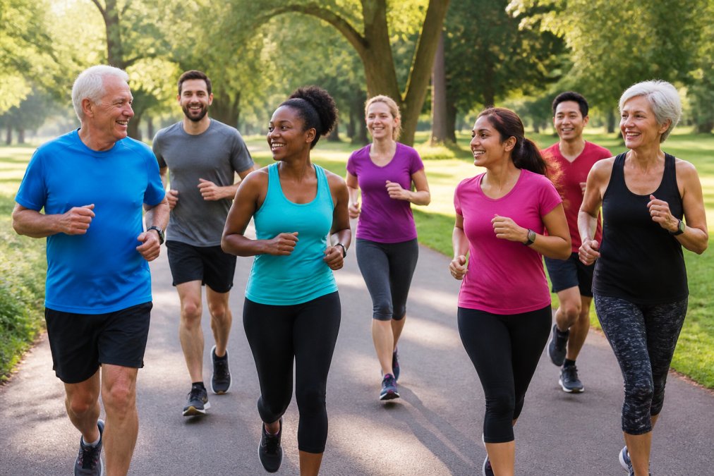 Group of diverse runners of different ages jogging together on a paved path through a green park, smiling and chatting in soft morning light, wearing casual running gear