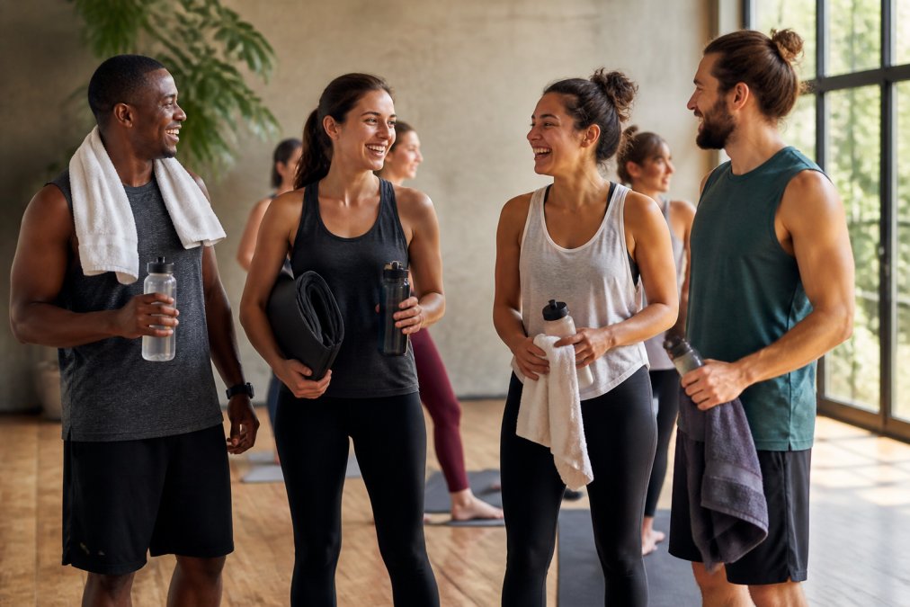 A group of active adults in sleeveless workout tops and tanks standing in a bright, humid yoga studio after class, towels and water bottles nearby, warm natural light through large windows