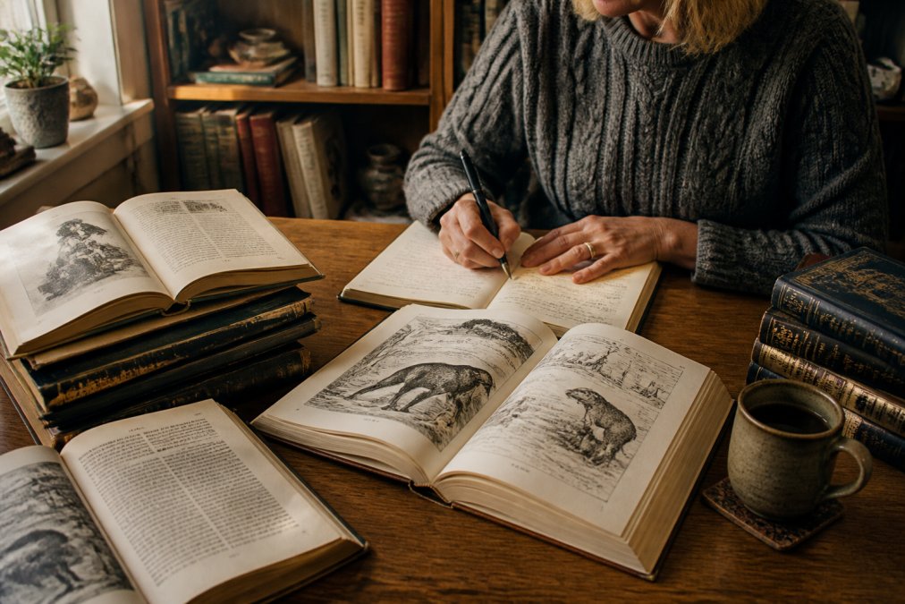 A person sitting at a desk with folklore books open, taking notes, and a cup of tea nearby, surrounded by historical texts and mythology references