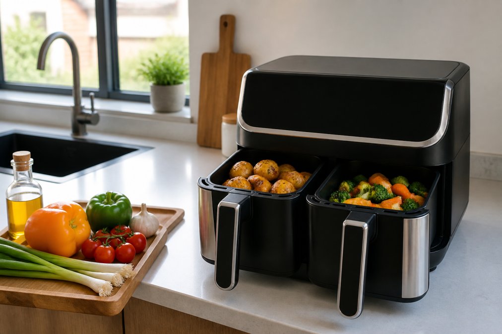 A bright modern kitchen countertop in a contemporary UK flat, featuring a black and silver dual-zone air fryer with two open baskets, fresh vegetables and a wooden cooking tray beside it, natural daylight from a nearby window