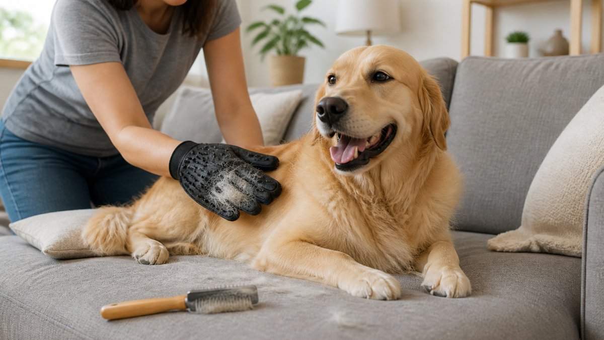Person using a grooming glove to brush a golden retriever on a sofa to remove loose fur before it sheds