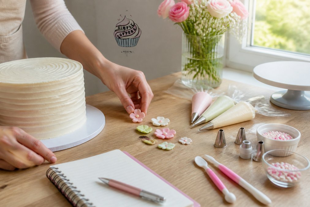 A home baker's hands arranging handmade edible toppers and piping tools on a wooden kitchen worktop next to a freshly iced cake, with natural daylight streaming through a window and fresh flowers nearby