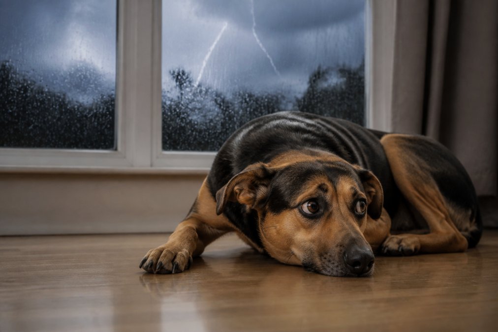 Anxious dog with tucked ears and lowered posture lying on floor during a thunderstorm, rain visible through window behind, showing visible stress response in home setting