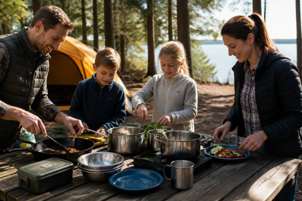 Family of four preparing a meal at a campsite with stainless steel pots, cast iron skillets, and camping dinnerware laid out on a picnic table in natural daylight