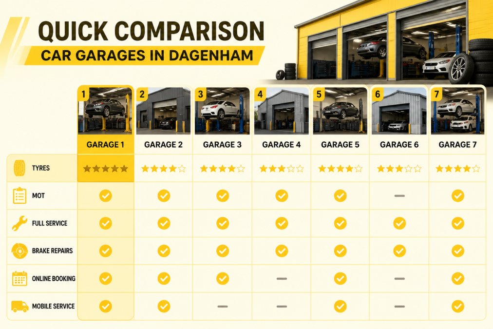 Feature comparison matrix of 7 Dagenham garages scored against Tyres, MOT, Full Service, Brake Repairs, Online Booking and Mobile Service, with Dalin Car Care scoring highest on tyre capability
