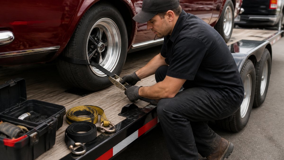 A person in work clothes crouching beside a classic car on an open car hauler trailer, tightening a ratchet strap to a wheel net, with a toolbox and extra straps visible on the trailer deck