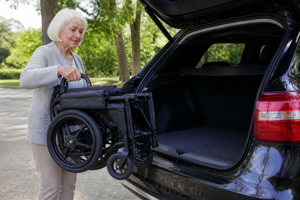 Senior woman confidently lifting a compact carbon fibre wheelchair into a car boot with one hand, demonstrating lightweight portability in natural daylight