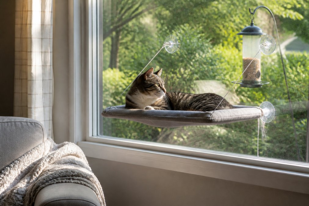 Relaxed indoor cat lounging on a sunlit suction cup cat window perch with a bird feeder visible outside.