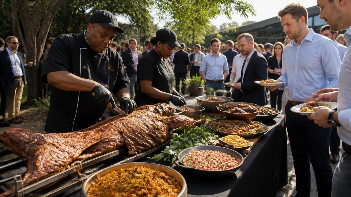 Catering staff carving roasted lamb for one of the 7 best catering services for business luncheons at an event.
