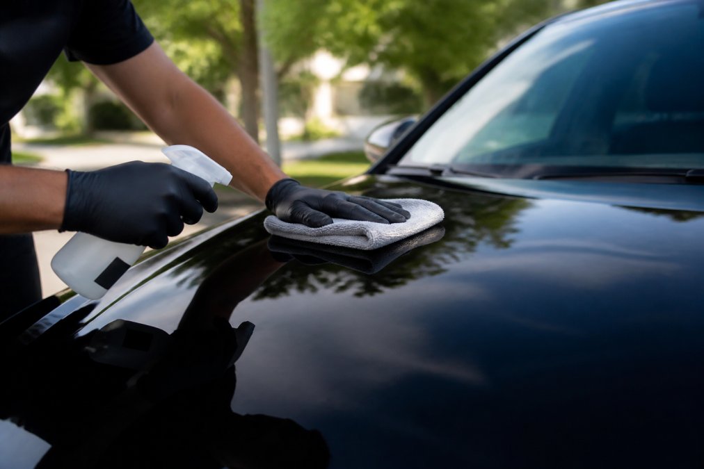 Professional detailer using microfiber towel and isopropyl alcohol on car's paint surface during decontamination prep, with natural daylight illuminating the work