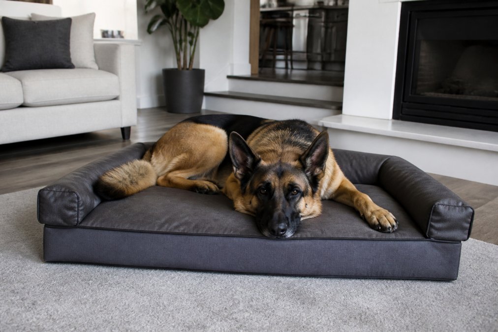 Large breed dog resting peacefully on a durable, reinforced dog bed in a modern living room, showing the bed's sturdy construction and comfortable design