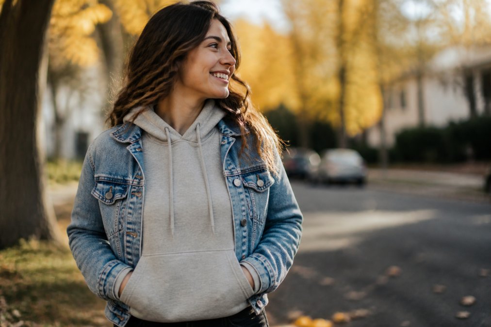 Christian woman wearing a faith-based hoodie layered with a denim jacket, styled for casual everyday wear with confidence and warmth, photographed in natural outdoor lighting