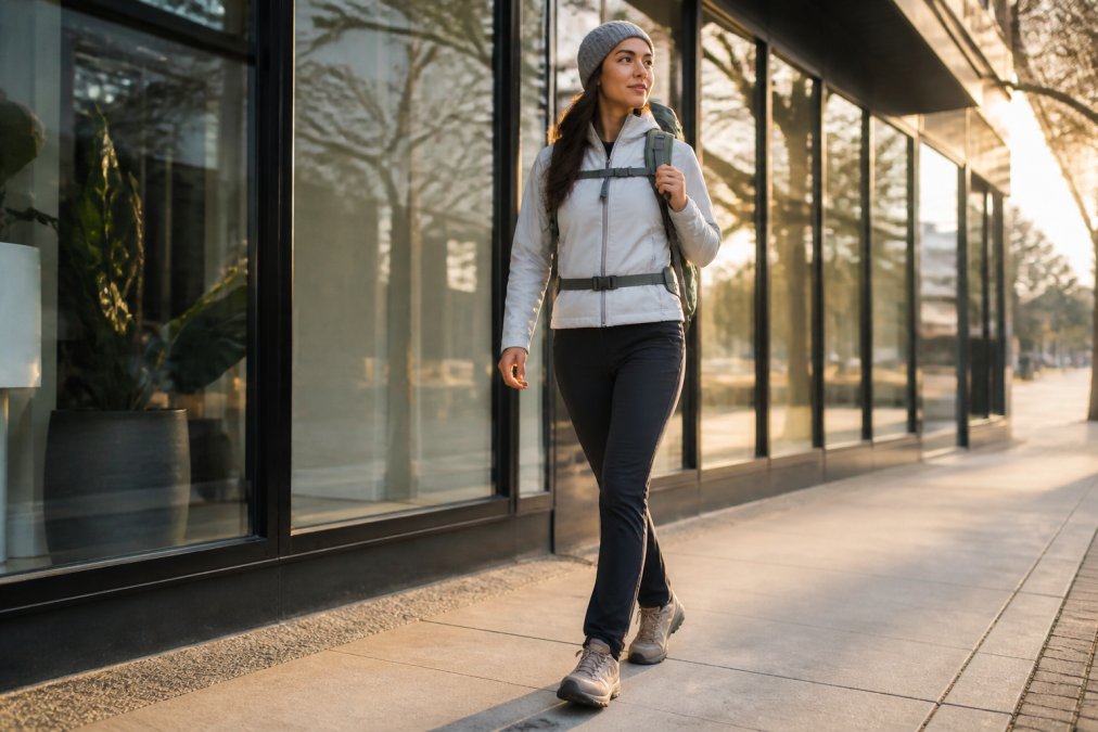 Woman in dark trail pants and a light jacket walking on a city sidewalk during a sunny morning