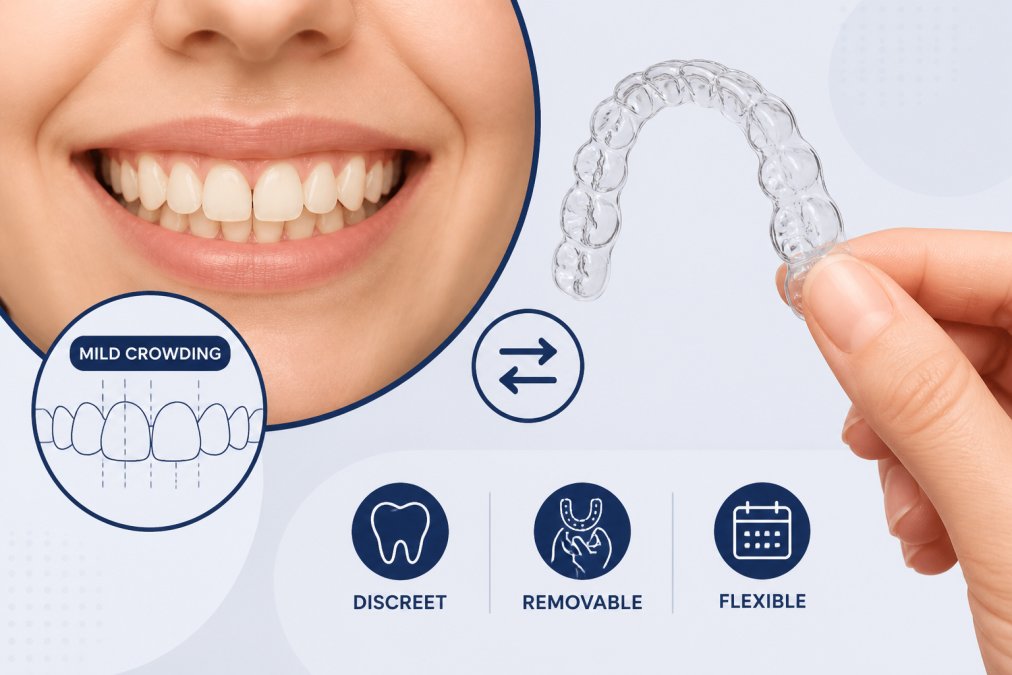 Close-up of a patient's smile showing mild crowding of front teeth, with a set of transparent clear aligners held in hand beside the mouth, demonstrating the removable nature of the trays in natural lighting