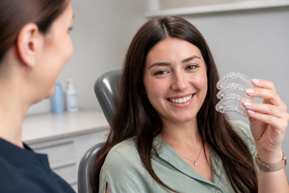 Patient holding a complete set of transparent clear aligners, demonstrating the progressive trays stacked together and the transparent appearance of the plastic material in clinical lighting