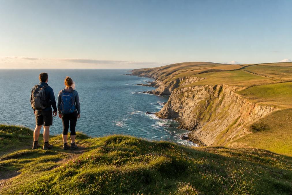 Professional illustration showing Walkers, Bolberry Down for 7 best coastal walks in South Hams