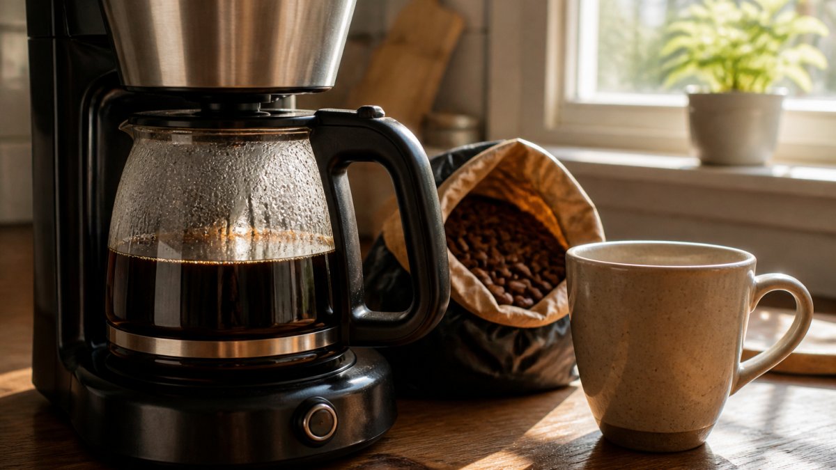 Drip coffee maker brewing near a bag of fresh coffee beans on a sunlit kitchen counter with a ceramic mug.