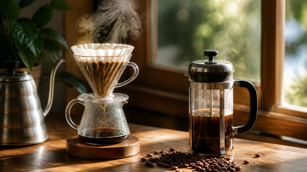 Glass pour-over dripper and French press on a wooden counter with steam rising and scattered coffee beans