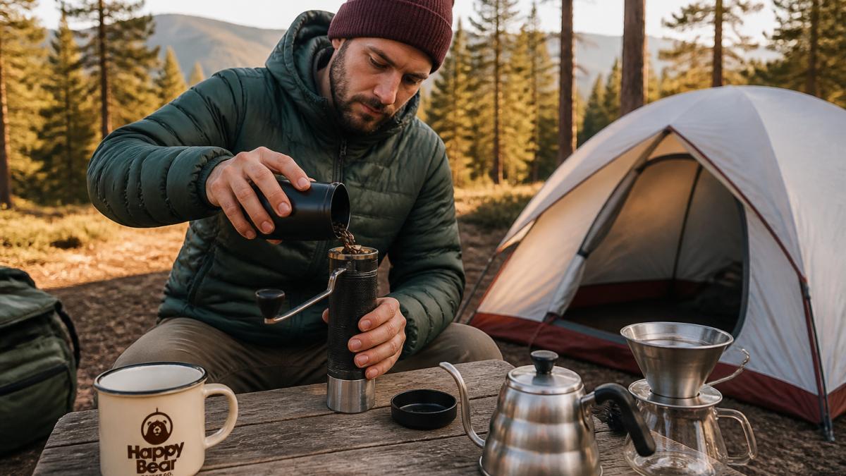 Hiker pouring coffee beans from a black storage canister into a grinder at a scenic mountain campsite