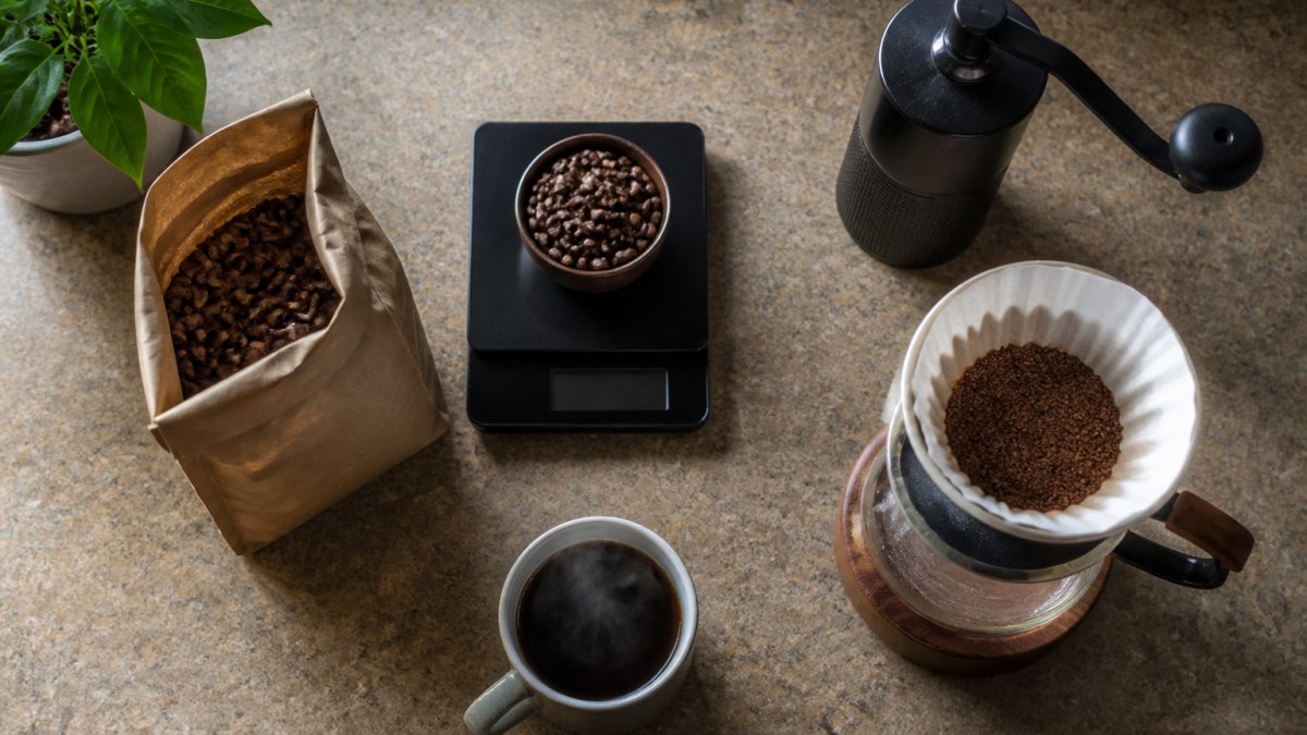 Overhead shot of a home kitchen counter with a bag of whole bean coffee, a small digital scale, a burr grinder, and a pour-over dripper, with steam rising from a freshly brewed cup