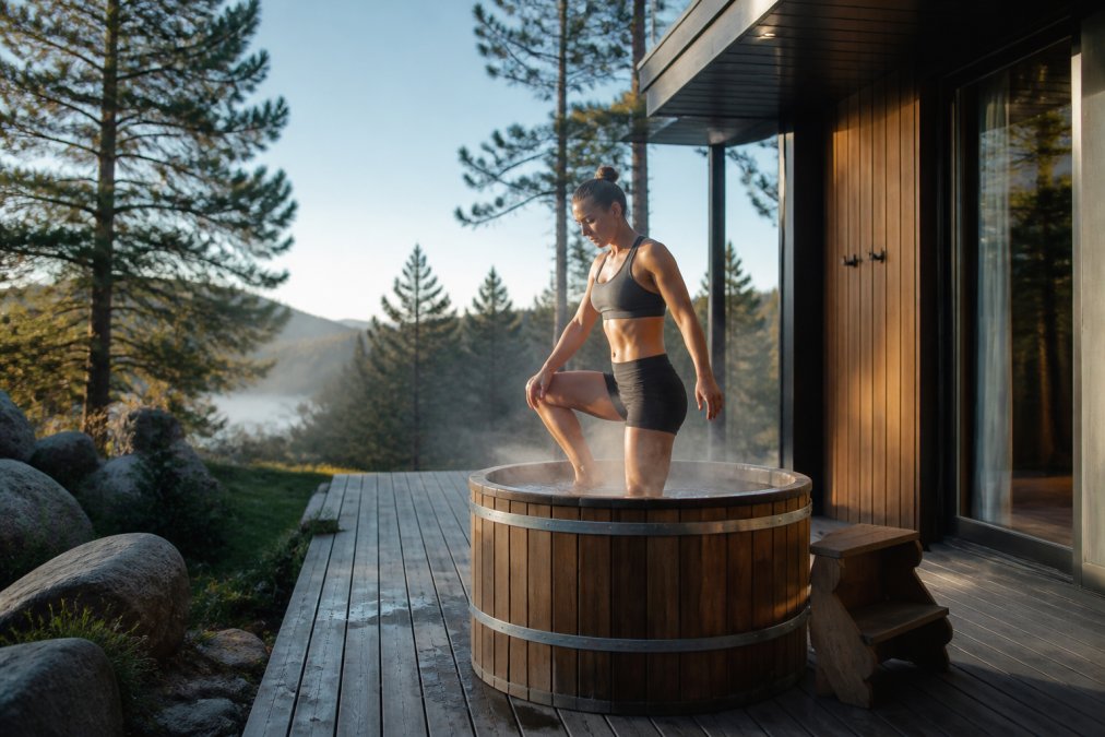 Athletic person stepping into a wooden barrel cold plunge tub on a modern deck at sunrise