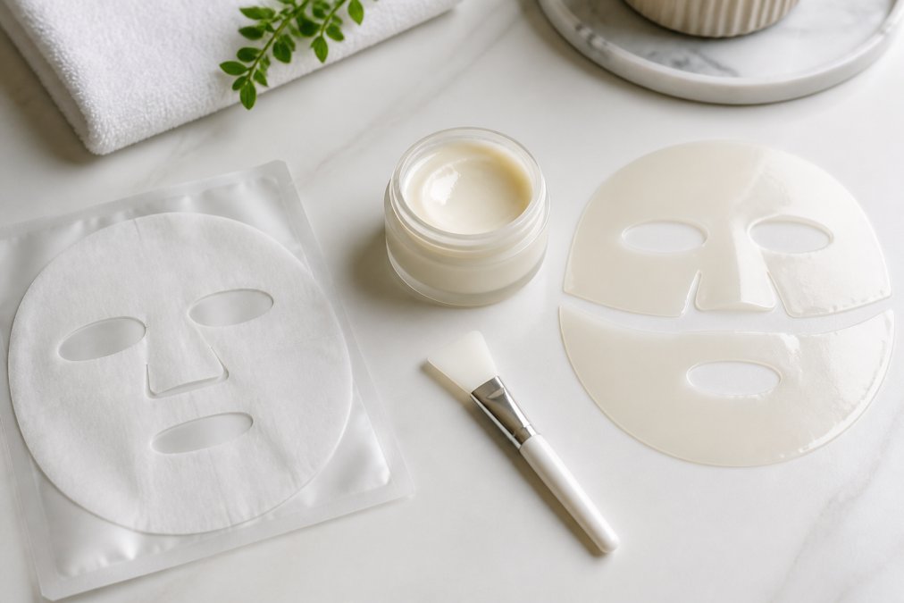 A flat lay of several different types of collagen face masks, including a sheet mask, a jar of night mask with a brush, and a hydrogel mask, arranged on a clean white surface with soft natural lighting
