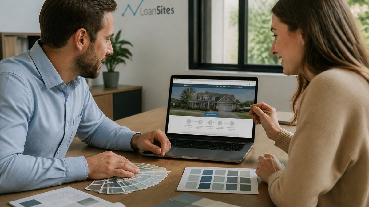 A loan officer and a web designer reviewing color swatches and a laptop screen with a mortgage website mockup in a bright modern office