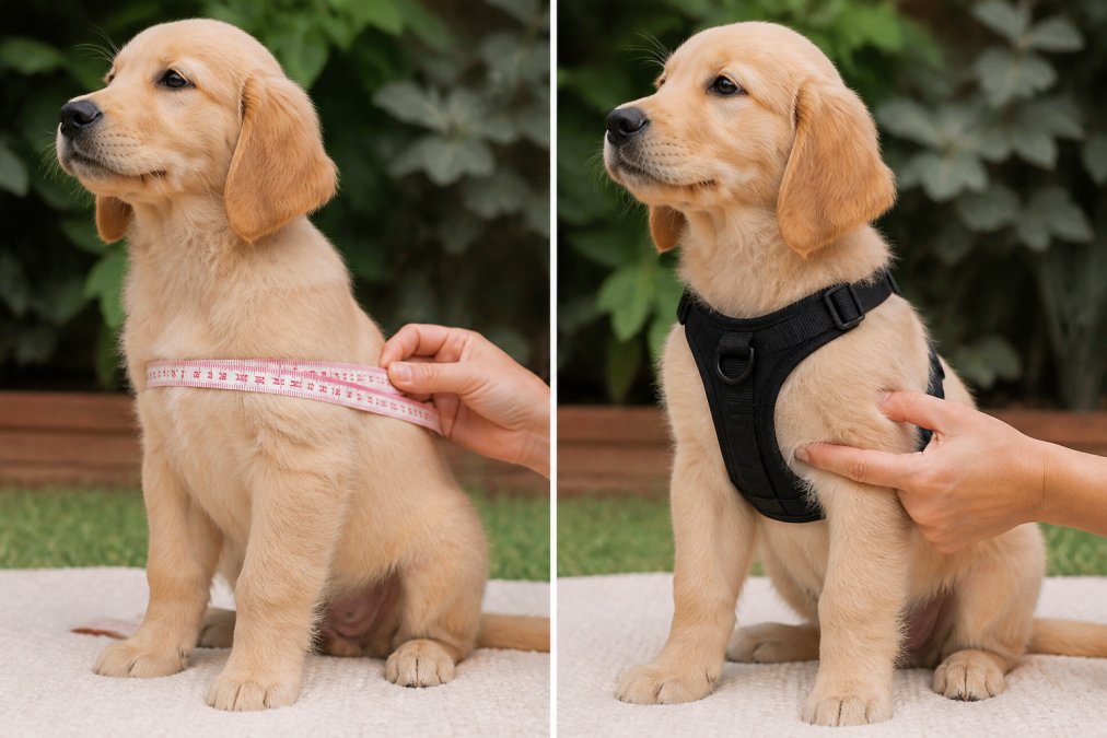 Two-panel comparison showing a soft tape measure around a puppy's chest at the deepest point, and the same puppy wearing a properly fitted front-clip harness with two fingers of slack under the chest strap