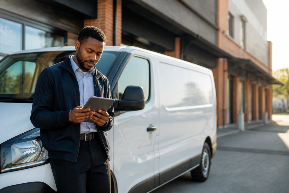 Professional delivery driver in business casual attire standing beside their vehicle reviewing insurance documents on a tablet in morning sunlight