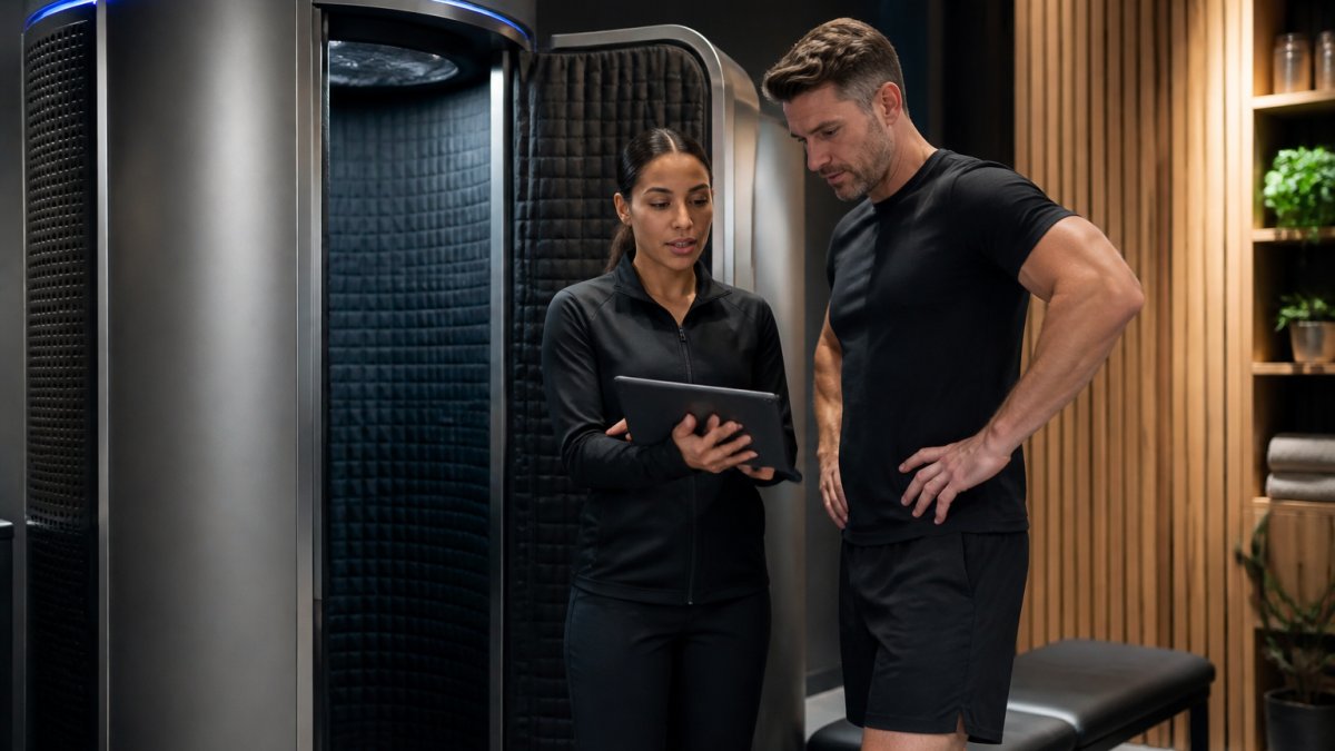 A gym owner and a technician standing next to a sleek cryotherapy chamber in a modern fitness recovery room, discussing specifications on a tablet